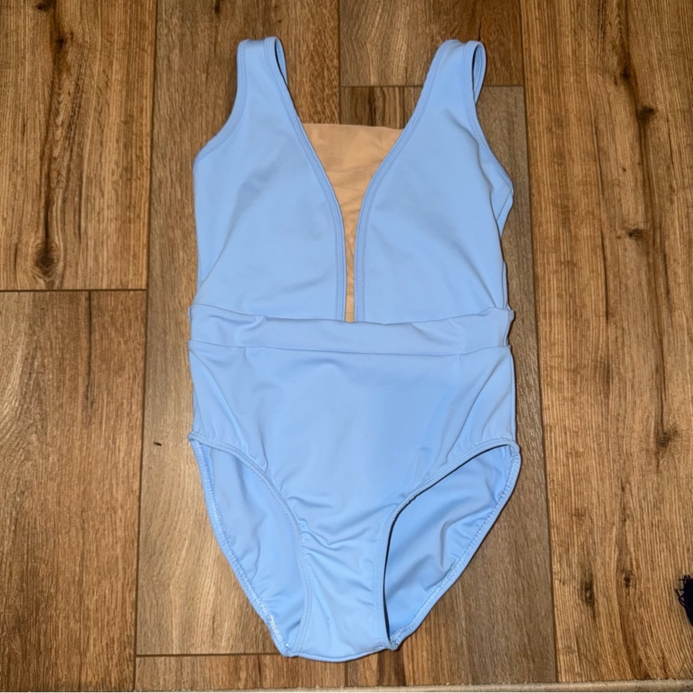 Tiger Friday Adult Small Light Blue One Piece Swimsuit White Trim Mesh